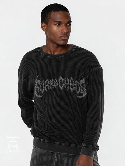 FORM&CHAOS Men's Vintage Grunge Streetwear Big Wave Crew Neck Long Sleeve T-Shirt Vacation Beach Dark Grey Fall