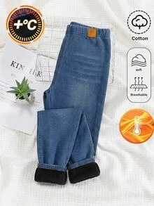 青少年女孩藍色針織牛仔布抓絨內裡彈性緊身褲，秋冬款 - 藍色 - 查看 2