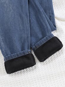 青少年女孩藍色針織牛仔布抓絨內裡彈性緊身褲，秋冬款 - 藍色 - 查看 5