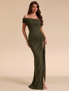 SHEIN BAE Fall Winter Olive Green Off Shoulder Ruched Bodycon High Slit Elegant Dress Thanksgiving Day Of The Dead Party Brunch - Dark Green - View 1