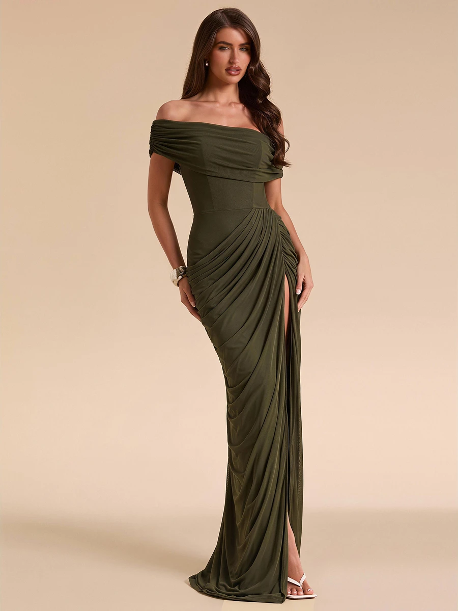 SHEIN BAE Fall Winter Olive Green Off Shoulder Ruched Bodycon High Slit Elegant Dress Thanksgiving Day Of The Dead Party Brunch - Dark Green - View 1