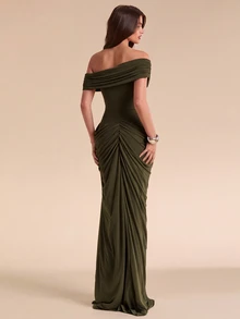 SHEIN BAE Fall Winter Olive Green Off Shoulder Ruched Bodycon High Slit Elegant Dress Thanksgiving Day Of The Dead Party Brunch - Dark Green - View 2