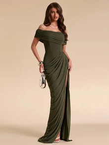 SHEIN BAE Fall Winter Olive Green Off Shoulder Ruched Bodycon High Slit Elegant Dress Thanksgiving Day Of The Dead Party Brunch - Dark Green - View 4
