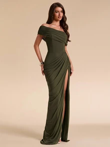 SHEIN BAE Fall Winter Olive Green Off Shoulder Ruched Bodycon High Slit Elegant Dress Thanksgiving Day Of The Dead Party Brunch - Dark Green - View 5
