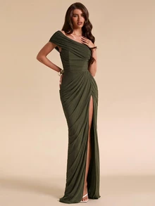 SHEIN BAE Fall Winter Olive Green Off Shoulder Ruched Bodycon High Slit Elegant Dress Thanksgiving Day Of The Dead Party Brunch - Dark Green - View 3