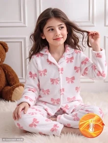 Girls Lotus Pink Bow Print White Background Minimalist Fairy Mermaid Fashion Bear Pattern Long Pants Long Sleeve 2-Piece Set Baby Shower 7th Birthday - Multicolor - View 7