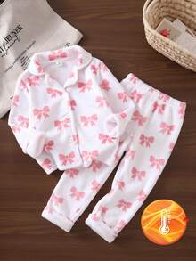 Girls Lotus Pink Bow Print White Background Minimalist Fairy Mermaid Fashion Bear Pattern Long Pants Long Sleeve 2-Piece Set Baby Shower 7th Birthday - Multicolor - View 5