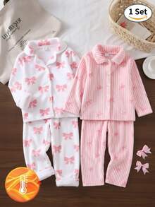Girls Lotus Pink Bow Print White Background Minimalist Fairy Mermaid Fashion Bear Pattern Long Pants Long Sleeve 2-Piece Set Baby Shower 7th Birthday - Multicolor - View 1