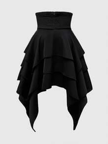ROMWE Vintage Gothic High Waist Removable Metal Chain Waist Belt Asymmetrical Layered Hem High-Rise Skirt For Women - Black - View 2