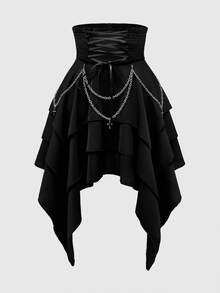 ROMWE Vintage Gothic High Waist Removable Metal Chain Waist Belt Asymmetrical Layered Hem High-Rise Skirt For Women - Black - View 1