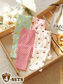 Young Girl Cute Cartoon Mini Fruit Pattern Series, Young Girl Casual Minimalist Long Leggings Suitable For Autumn/Winter Daily Wear Pcs - Multicolor - View 2