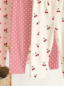 Young Girl Cute Cartoon Mini Fruit Pattern Series, Young Girl Casual Minimalist Long Leggings Suitable For Autumn/Winter Daily Wear Pcs - Multicolor - View 5