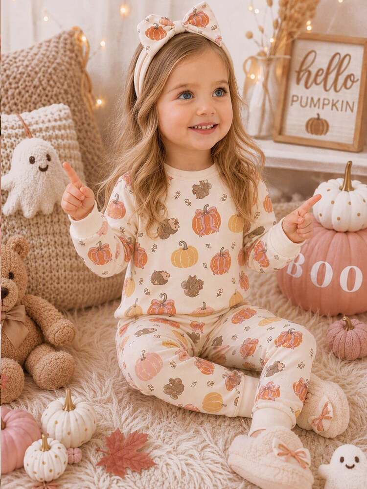 Warna Aprikot Muda yang Cerah, Motif Mini Berwarna-warni dan Ilustrasi Hewan yang Lucu, Pakaian Santai Lengan Panjang dan Celana Panjang untuk Bayi Perempuan, Pas di Badan, Cocok untuk Sehari-hari di Musim Gugur/Dingin, Tema Peternakan, Halloween, Pesta Thanksgiving di Rumah, Estetika Pedesaan, Santai, Nyaman. - MultiWarna - View 12