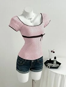 Elamini Women's Casual Commuter T-Shirt, Polka Dot Patchwork Contrast Lace - Pink - View 6