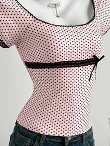 Elamini Women's Casual Commuter T-Shirt, Polka Dot Patchwork Contrast Lace - Pink - View 5