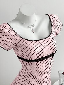 Elamini Women's Casual Commuter T-Shirt, Polka Dot Patchwork Contrast Lace - Pink - View 4