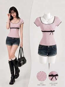 Elamini Women's Casual Commuter T-Shirt, Polka Dot Patchwork Contrast Lace - Pink - View 1