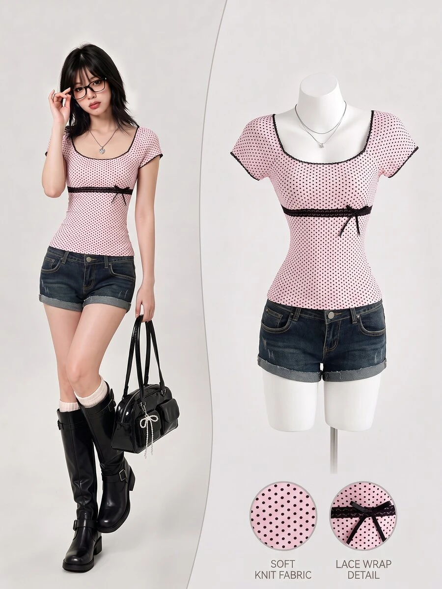 Elamini Women's Casual Commuter T-Shirt, Polka Dot Patchwork Contrast Lace - Pink - View 1