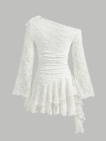 SHEIN Pitira Kids Tween Girls Partywear Autumn/Winter Tween Girl New Sweet Lace Asymmetric Shoulder Asymmetric Hem Short Dress, Evening Gown, Ceremony