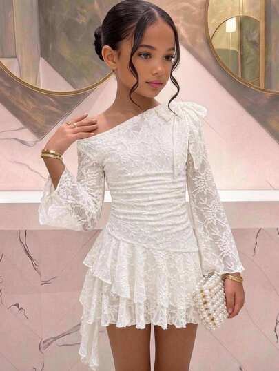 SHEIN Pitira Kids Tween Girls Partywear Autumn/Winter Tween Girl New Sweet Lace Asymmetric Shoulder Asymmetric Hem Short Dress, Evening Gown, Ceremony