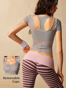 VARSIVA Women's Solid Color Contrast Mesh Short Sleeve Casual Fitness Sports Activewear Top T-Shirt With Bra Pcs - Grey - View 13