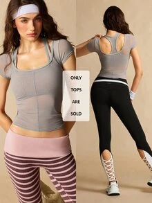 VARSIVA Women's Solid Color Contrast Mesh Short Sleeve Casual Fitness Sports Activewear Top T-Shirt With Bra Pcs - Grey - View 3