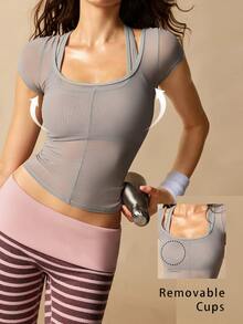 VARSIVA Women's Solid Color Contrast Mesh Short Sleeve Casual Fitness Sports Activewear Top T-Shirt With Bra Pcs - Grey - View 8