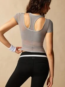 VARSIVA Women's Solid Color Contrast Mesh Short Sleeve Casual Fitness Sports Activewear Top T-Shirt With Bra Pcs - Grey - View 15