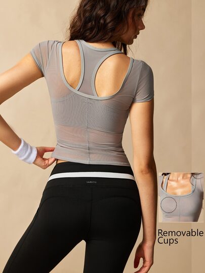VARSIVA Women's Solid Color Contrast Mesh Short Sleeve Casual Fitness Sports Activewear Top T-Shirt With Bra Pcs
