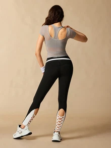 VARSIVA Women's Solid Color Contrast Mesh Short Sleeve Casual Fitness Sports Activewear Top T-Shirt With Bra Pcs - Grey - View 7