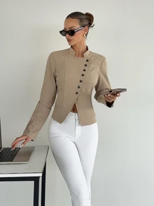 Siren Gaze Women's Fashion Asymmetric Button Cardigan Stand Collar Long Sleeve Beige Casual Jacket, Autumn/Winter - Apricot - View 11