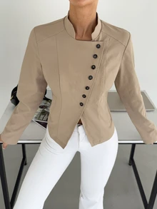 Siren Gaze Women's Fashion Asymmetric Button Cardigan Stand Collar Long Sleeve Beige Casual Jacket, Autumn/Winter - Apricot - View 9