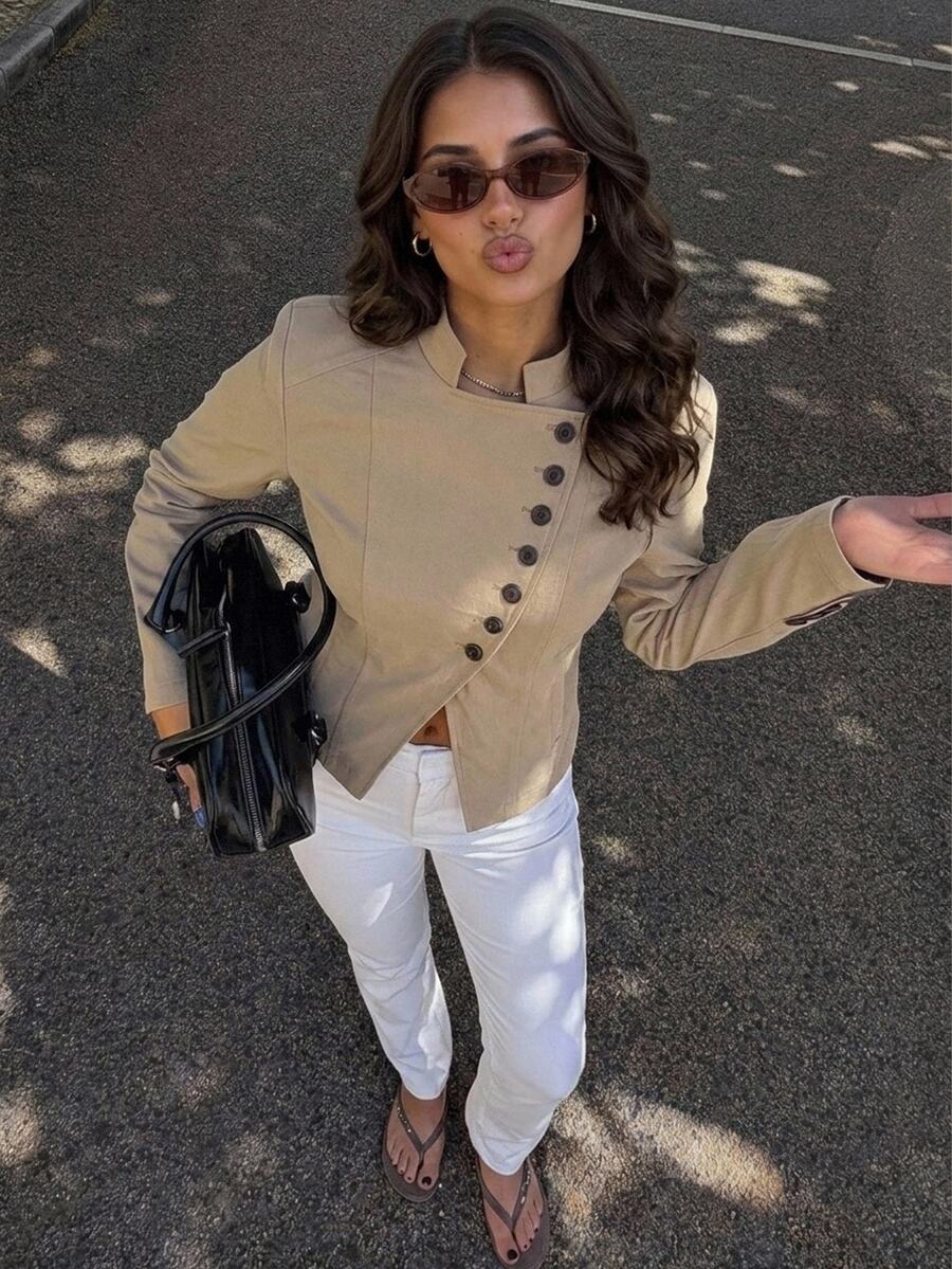 Siren Gaze Women's Fashion Asymmetric Button Cardigan Stand Collar Long Sleeve Beige Casual Jacket, Autumn/Winter