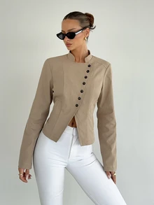 Siren Gaze Women's Fashion Asymmetric Button Cardigan Stand Collar Long Sleeve Beige Casual Jacket, Autumn/Winter - Apricot - View 10
