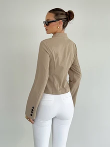 Siren Gaze Women's Fashion Asymmetric Button Cardigan Stand Collar Long Sleeve Beige Casual Jacket, Autumn/Winter - Apricot - View 3