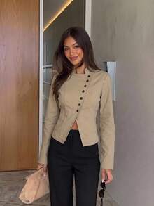 Siren Gaze Women's Fashion Asymmetric Button Cardigan Stand Collar Long Sleeve Beige Casual Jacket, Autumn/Winter - Apricot - View 8