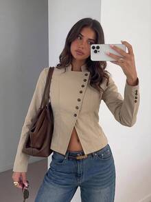 Siren Gaze Women's Fashion Asymmetric Button Cardigan Stand Collar Long Sleeve Beige Casual Jacket, Autumn/Winter - Apricot - View 7