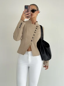 Siren Gaze Women's Fashion Asymmetric Button Cardigan Stand Collar Long Sleeve Beige Casual Jacket, Autumn/Winter - Apricot - View 6