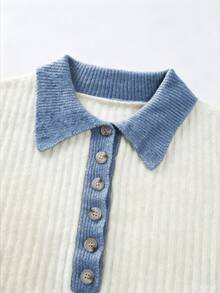 SHEIN New Spring Fall American Retro Contrast Collar Ribbed Knit Polo Women Half Button Long Sleeve Slim Fit - White - View 8