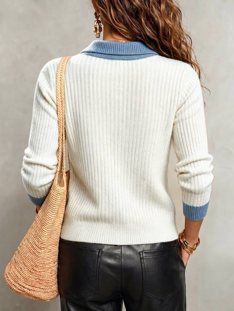 SHEIN New Spring Fall American Retro Contrast Collar Ribbed Knit Polo Women Half Button Long Sleeve Slim Fit - White - View 2