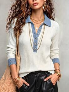 SHEIN New Spring Fall American Retro Contrast Collar Ribbed Knit Polo Women Half Button Long Sleeve Slim Fit - White - View 4