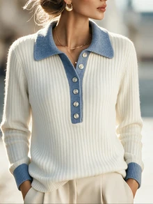 SHEIN New Spring Fall American Retro Contrast Collar Ribbed Knit Polo Women Half Button Long Sleeve Slim Fit - White - View 1