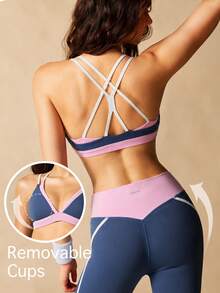VARSIVA Colorblock Criss Cross Back Sports Set Gym Workout Navy Blue Autumn Athletic Athleisure - Multicolor - View 3