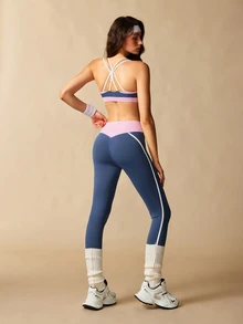 VARSIVA Colorblock Criss Cross Back Sports Set Gym Workout Navy Blue Autumn Athletic Athleisure - Multicolor - View 13