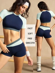 VARSIVA Women's Colorblock Cropped Top And Shorts Casual Daily Sports Activewear Set - Blue - View 4