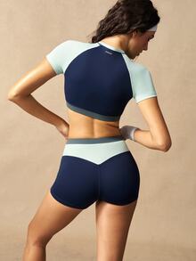 VARSIVA Women's Colorblock Cropped Top And Shorts Casual Daily Sports Activewear Set - Blue - View 10