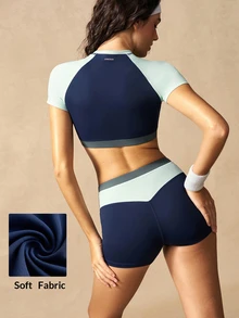 VARSIVA Women's Colorblock Cropped Top And Shorts Casual Daily Sports Activewear Set - Blue - View 13