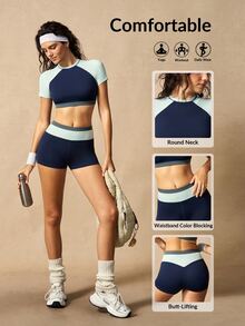 VARSIVA Women's Colorblock Cropped Top And Shorts Casual Daily Sports Activewear Set - Blue - View 12