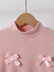 SHEIN 女童秋冬甜美蝴蝶結兩件套，半高領不對稱羅紋上衣搭配毛絨飾邊喇叭褲，柔粉色冬季款 - 粉色 - 查看 4