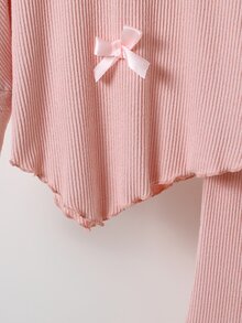 SHEIN 女童秋冬甜美蝴蝶結兩件套，半高領不對稱羅紋上衣搭配毛絨飾邊喇叭褲，柔粉色冬季款 - 粉色 - 查看 8